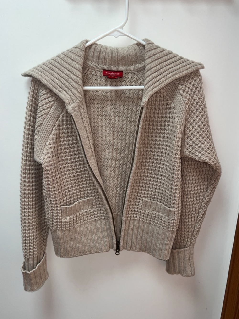 Sundance Beige 100% Lambswool Zip Cardigan Sweater Size Small